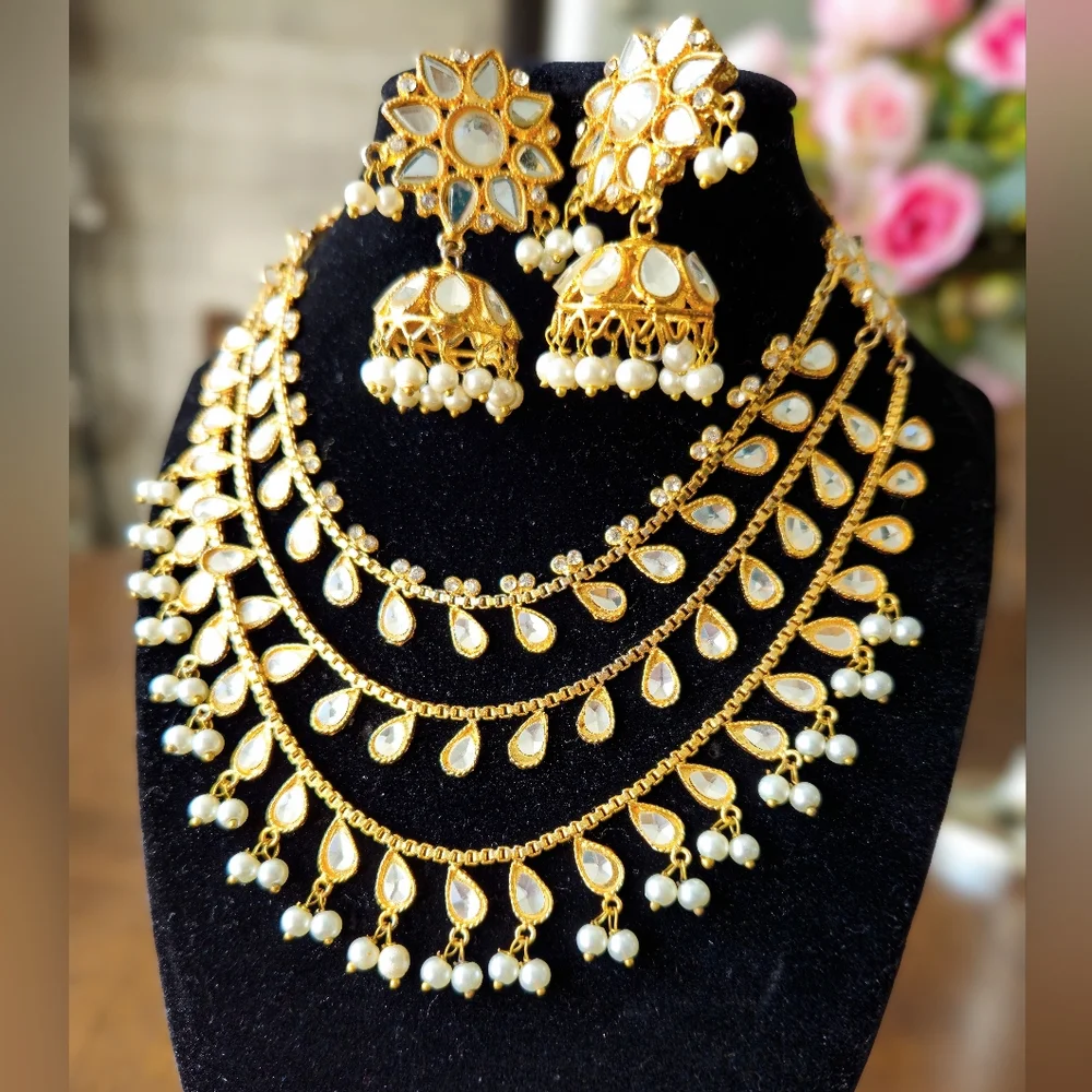 3 tier Kundan necklace Mala with jhumka set/ Indian jewellery/ pakistani jewelry - Picture 2 of 7